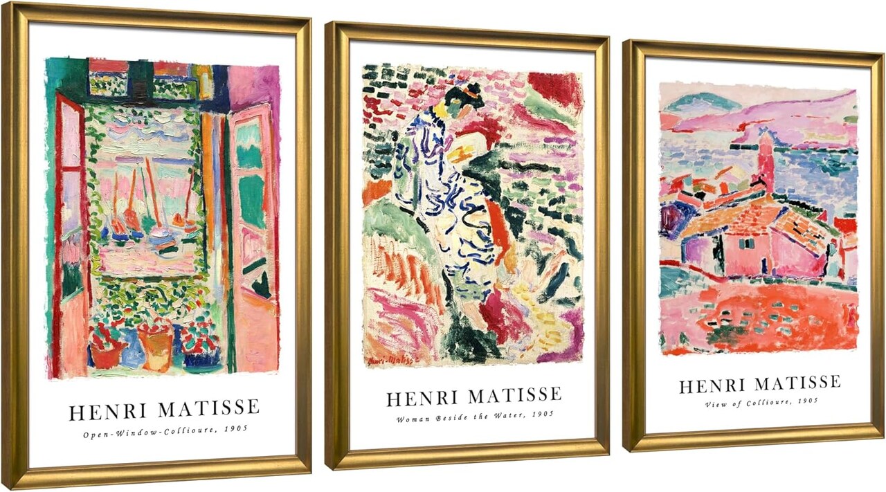 Art Framed Wall Art 3 Piece Henri Mattise Art Abstract Colorful Matisse Posters Canvas Prints for Wall and Home Office Decorations Bronze Gold Frame
